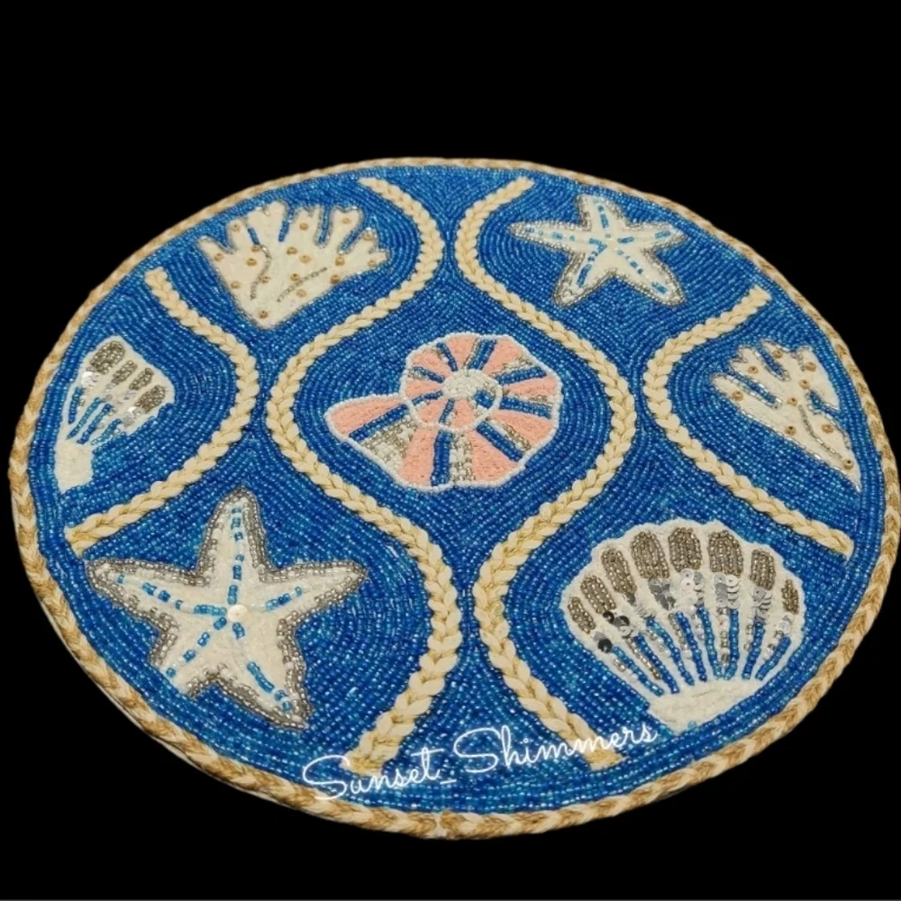 4 Beaded Coastal Seashell Starfish Sea Coral Jute Accent Placemats Chargers Set
